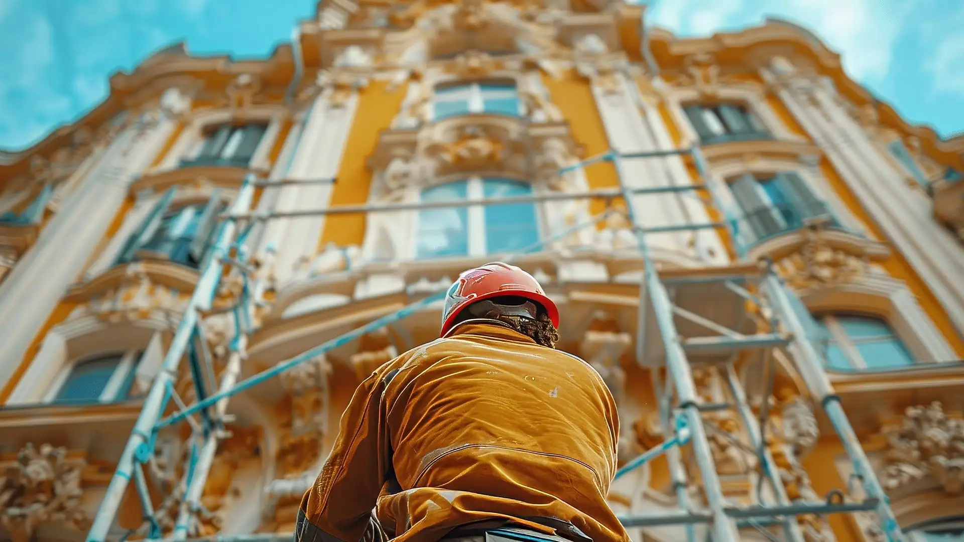 Trabalhador de capacete junto a uma fachada em obras