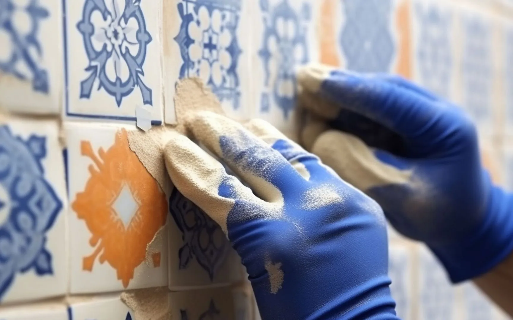 Limpeza à mão de azulejos originais durante uma obra de remodelação